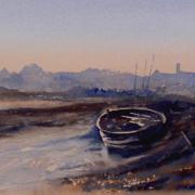 watercolour painting of evening brancaster harbour