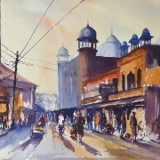 watercolour of market street agra india