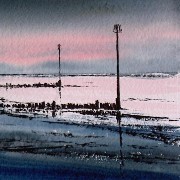 watercolour and ink painting of heacham beach groynes and posts