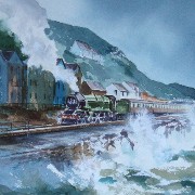 watercolour painting of steam train on the dawlish wall