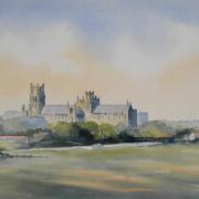 watercolour painting of ely cathedral across fields
