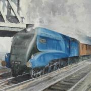watercolour painting of mallard steam railway engine