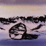 watercolour and ink painting of a boat on the mud