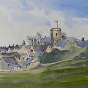 pen and wash painting of windrush village cotswolds