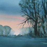 watercolour painting of sunset woodland