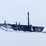 watercolour painting of lone boat moored at morston creek norfolk