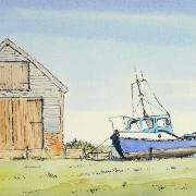 pen and wash painting of thornham coal barn and boat