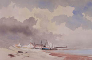 Painting of Norfolk Fishing Village in the style of Edward Seago
